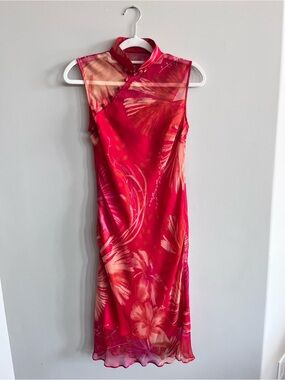 Y2K Red Sheer Floral Dress Frog Button Cheongsam Qipao Mandarin Collar S M